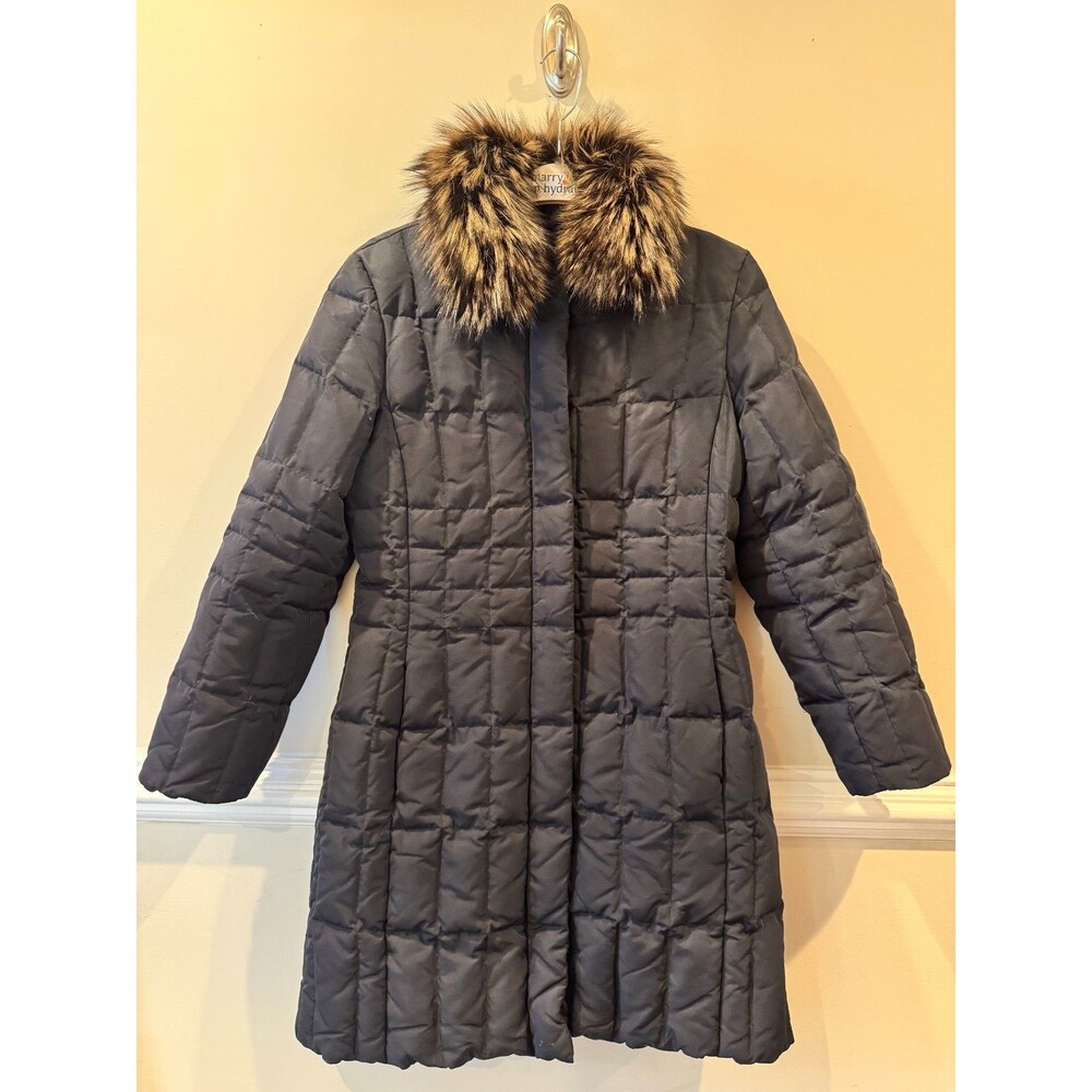 1 Madison Black Down Puffer Coat Long Sleeve Fox Fur Trim Full-Zip Size Small